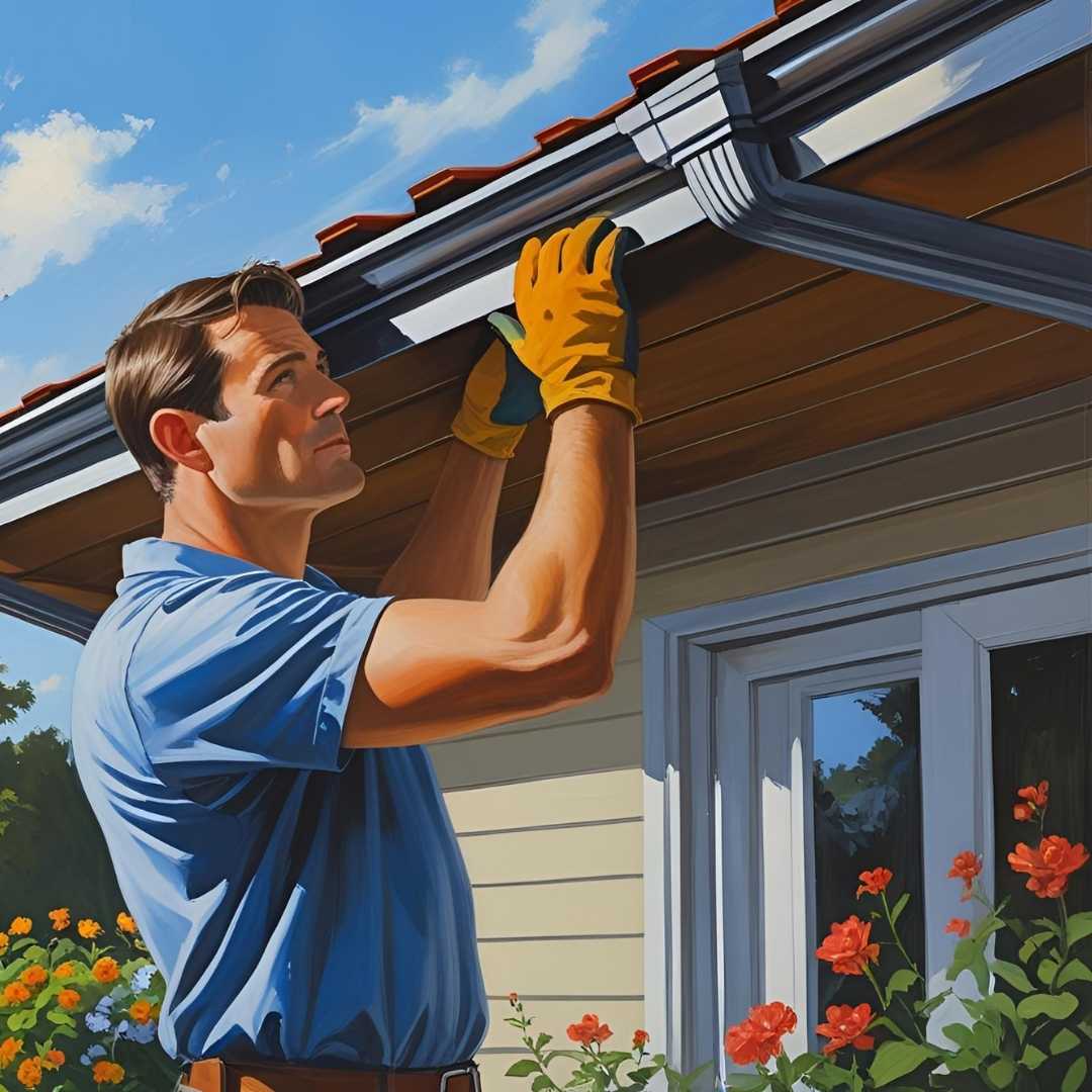 man is checking the roof gutters Man is Checking the Roof Gutters