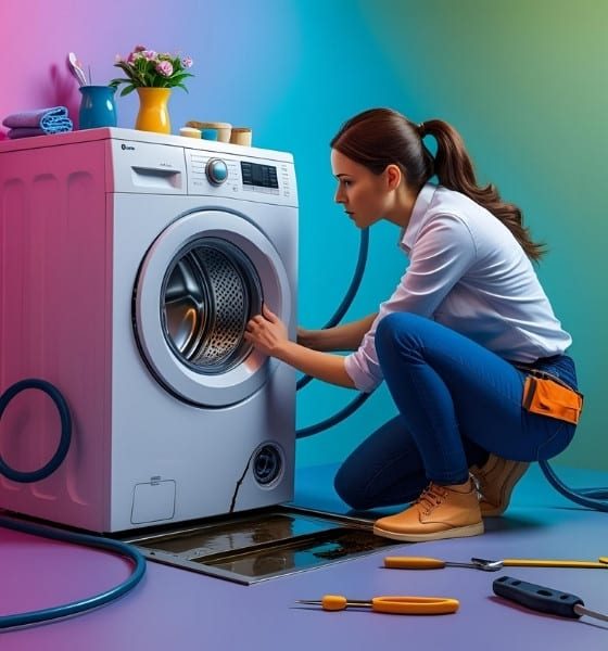 Woman Checking Washing Machine Woman Checking Washing Machine